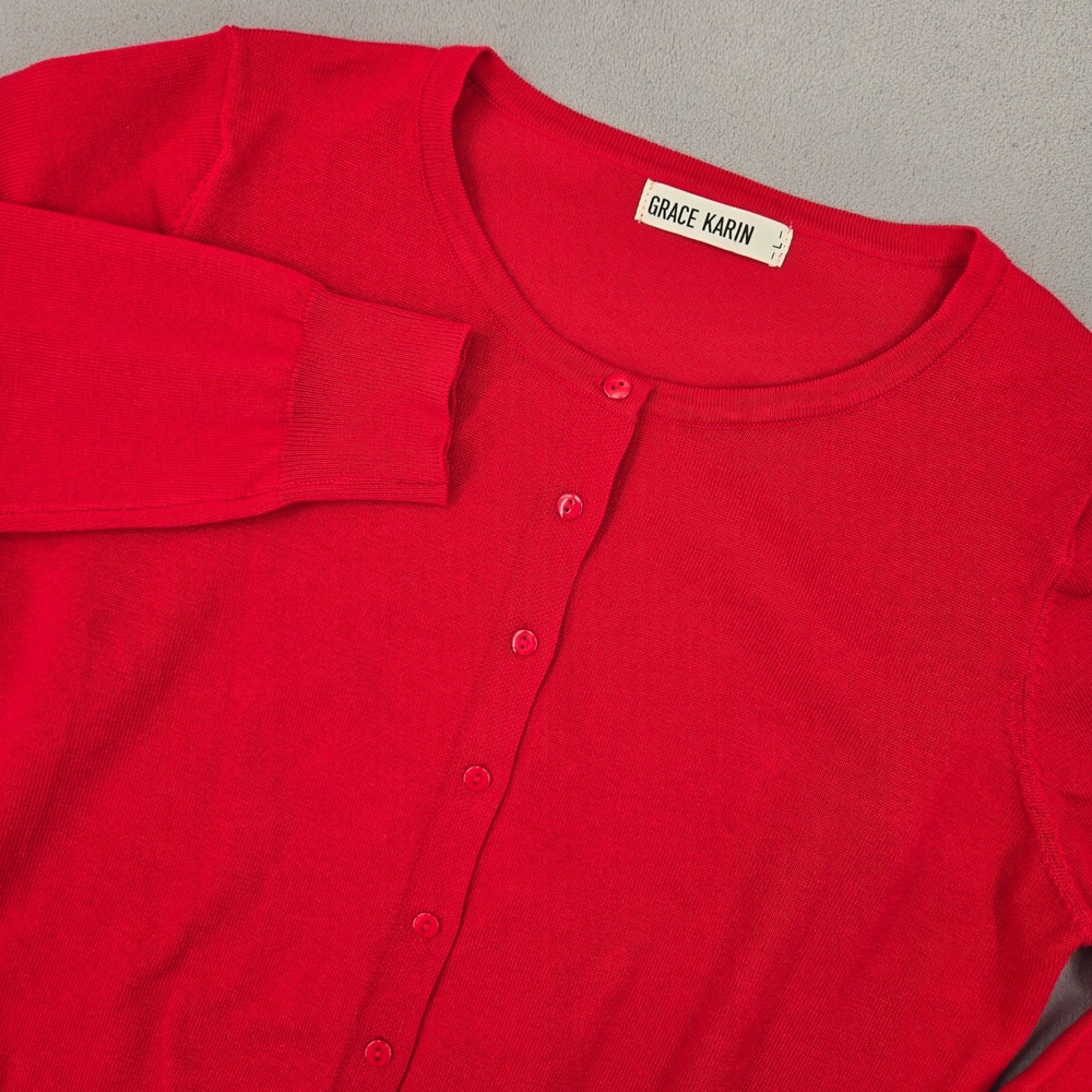 Grace Karin Womens LARGE Red Cardigan Classic Holiday Preppy Knit Sweater